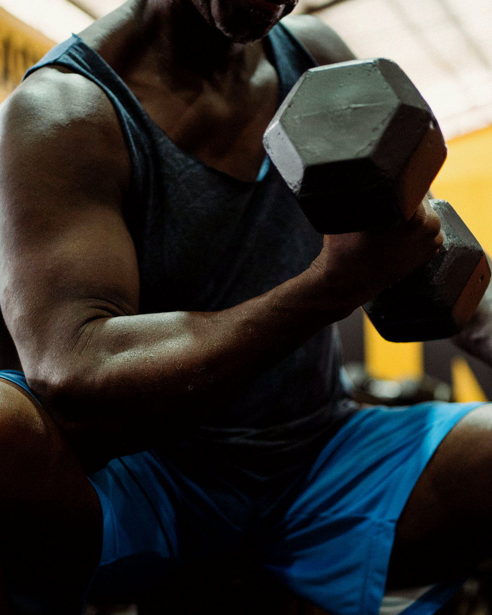 Man seated in a gym curling a hexagonal dumbbell.